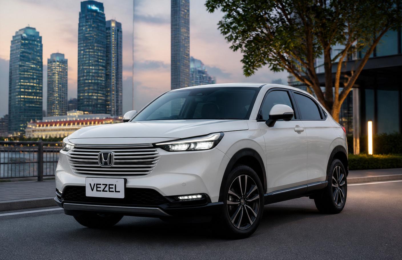 Pearl white Honda Vezel e:HEV on Singapore city street